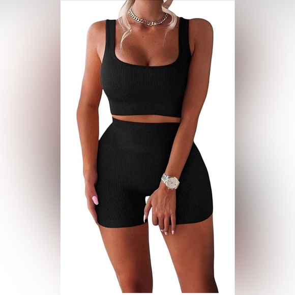 Women's Workout Sets Ribbed Tank 2 Piece Seamless High Waist Gym Outfit - Picture 1 of 5